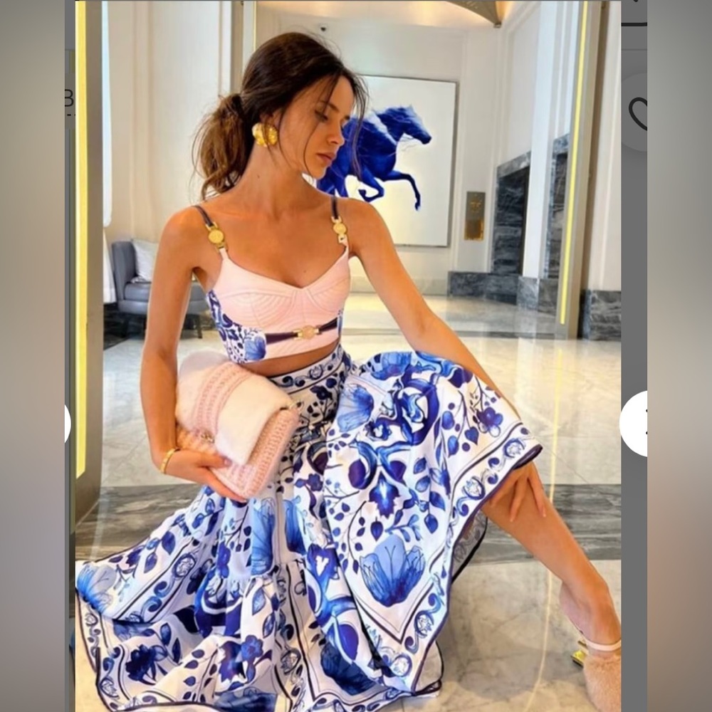 COPY - Porcelain print blue and white skirt and top set s/xs